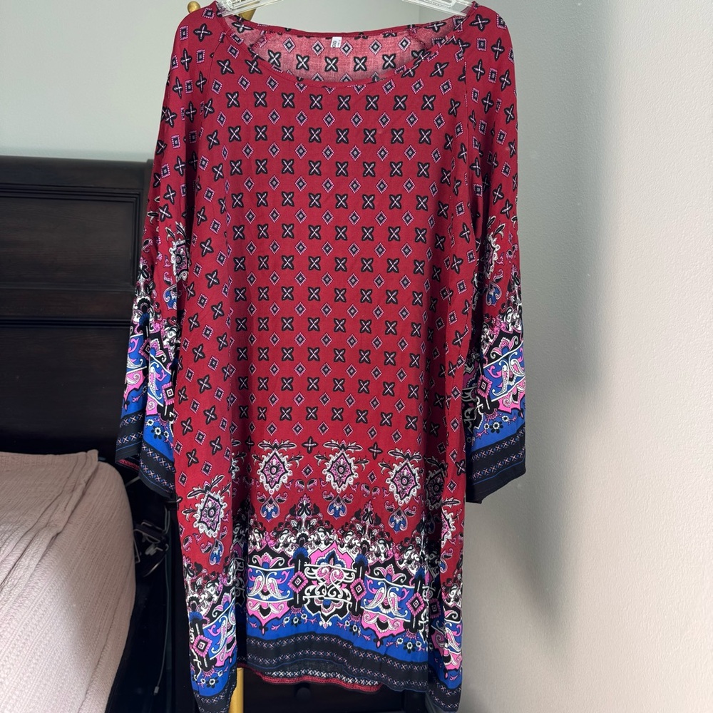 Hotouch Boho Paisley Tunic Dress Red Blue Pink XL